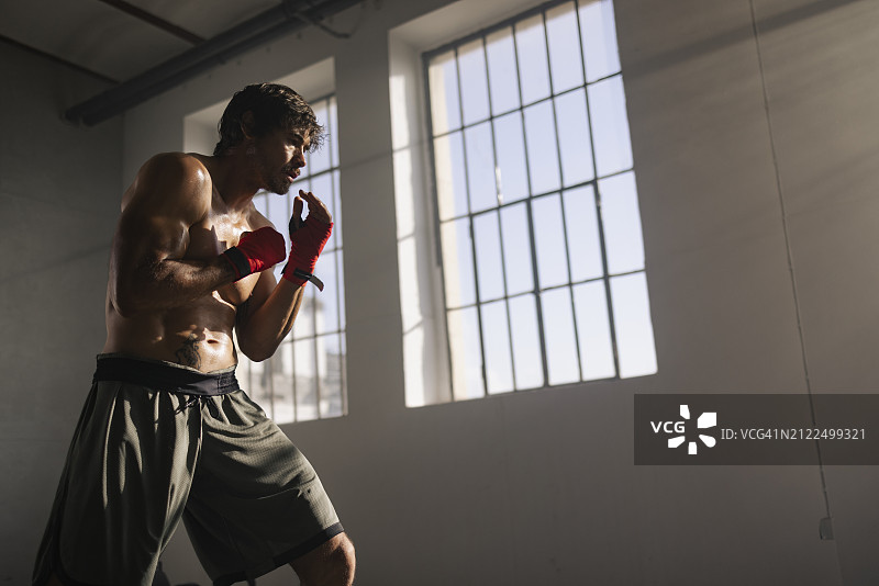 一名戴着护手的男拳击手正准备在健身房进行对练，窗外的自然光照亮了他。图片素材