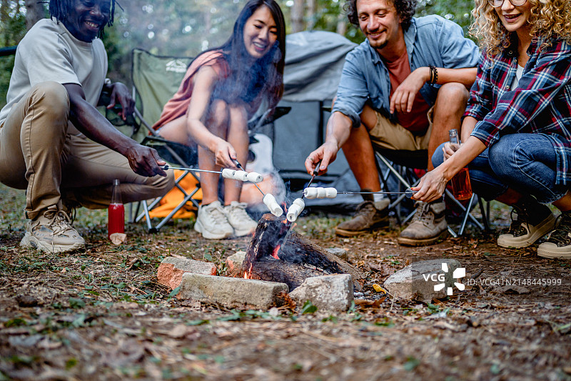 朋友们在露营时一起烤棉花糖图片素材