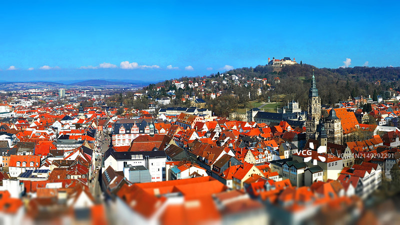 科堡鸟瞰图，可以看到历史悠久的老城区中心。丁格尔芬，上法兰克尼亚，巴伐利亚，德国，欧洲图片素材