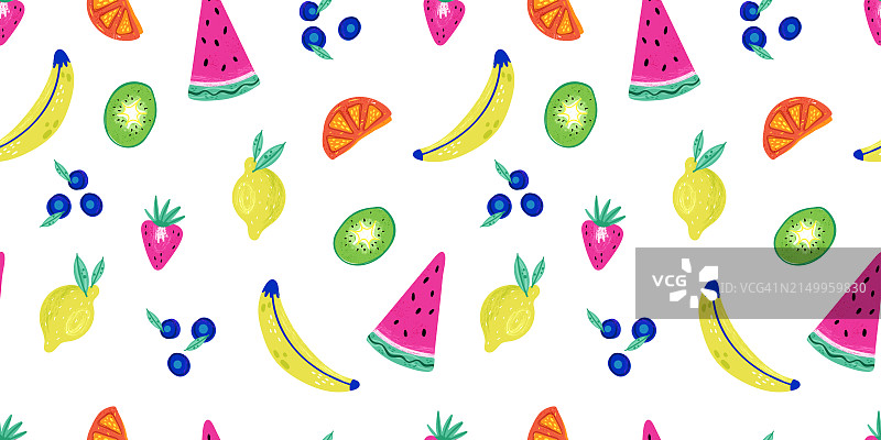 彩色手绘水果图案与彩色的设计，无缝的背景，伟大的夏季织物，横幅，壁纸-矢量设计图片素材