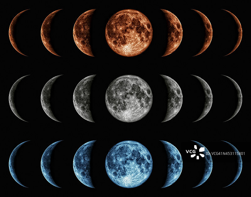 月亮的七个相位孤立在黑色背景上。图片素材