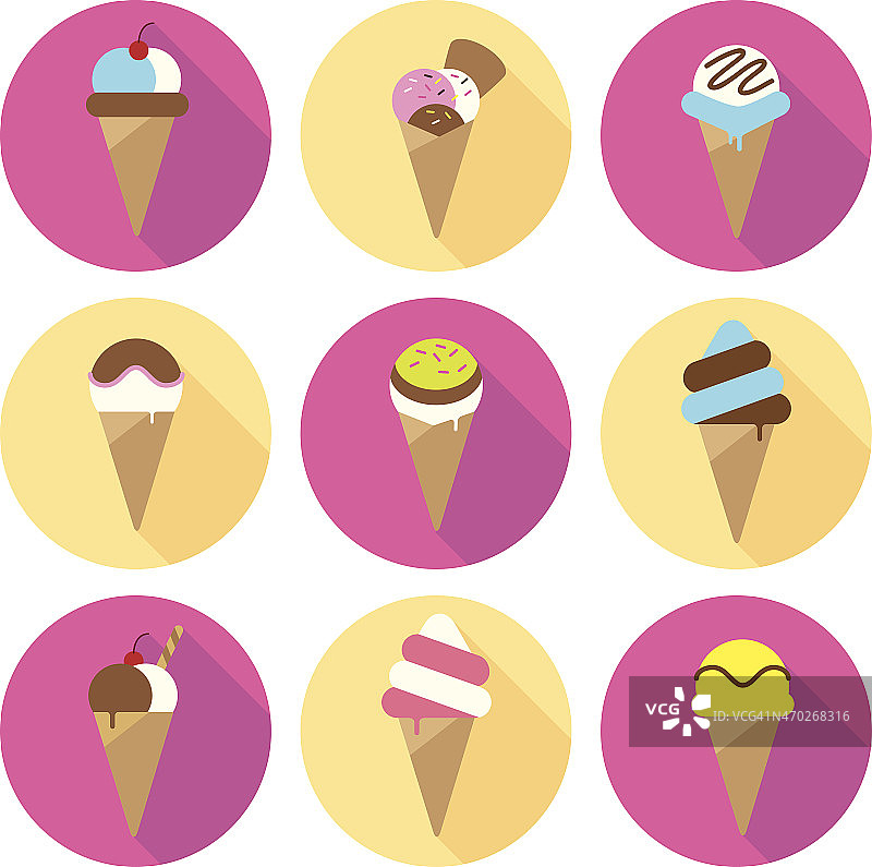 一套冰淇淋蛋筒扁平图标图片素材