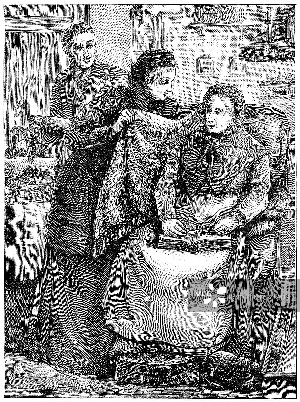 一个男人和一个女人在照顾一个老太太(维多利亚插图)图片素材
