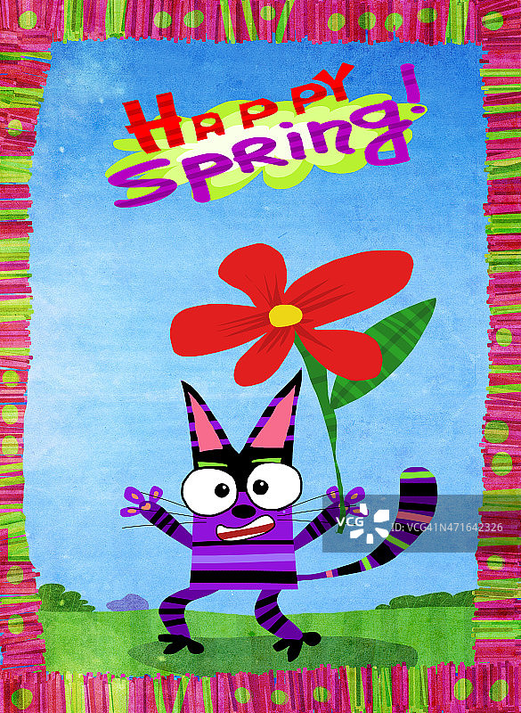 快乐的春天卡片猫捧花图片素材