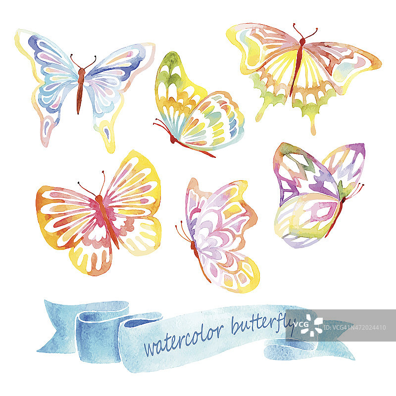 许多颜色的小蝴蝶水彩画图片素材