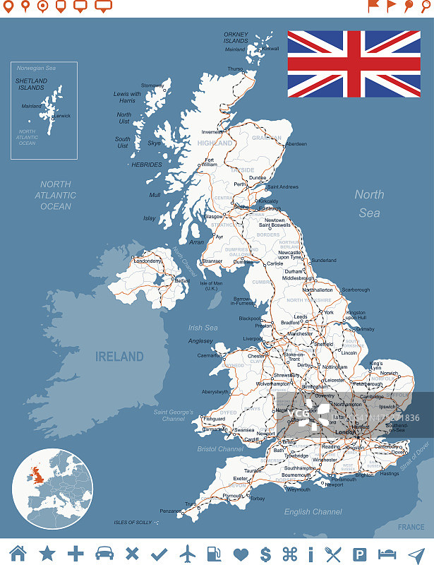 英国地图，旗帜，导航标签，道路-插图图片素材