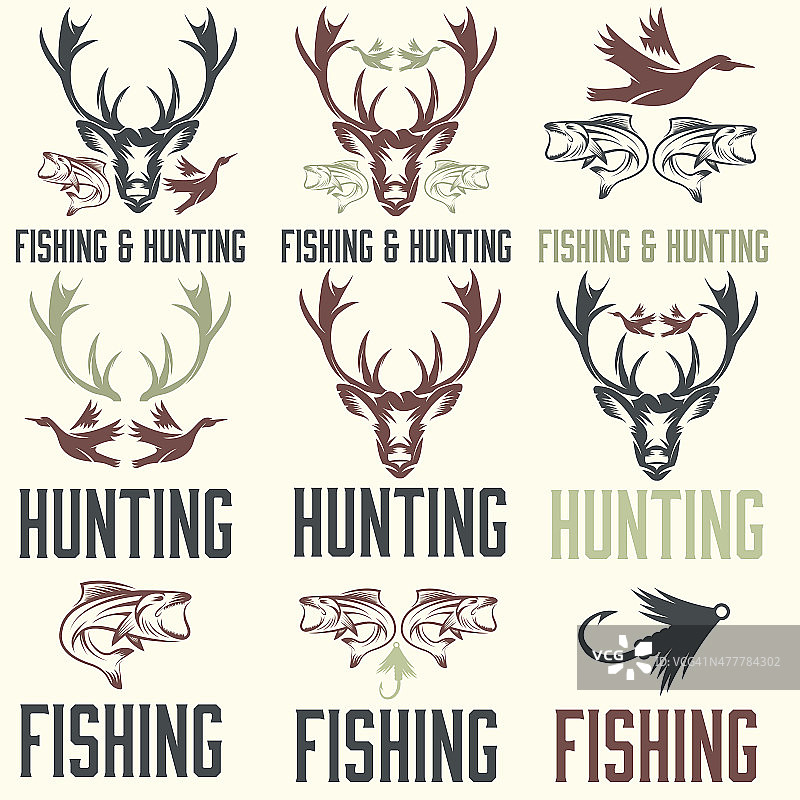 一套复古狩猎和钓鱼标签和设计元素图片素材