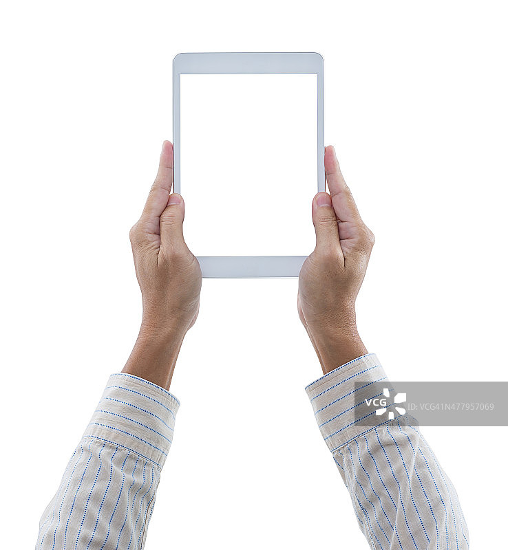 手扶数码平板电脑孤立的白色背景图片素材