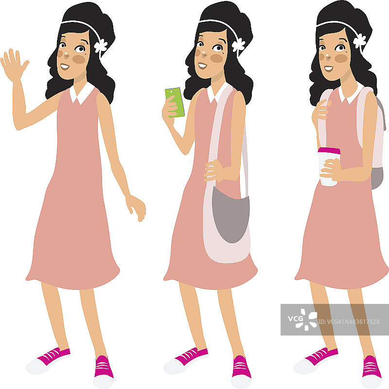 年轻的白人女学生穿着复古的粉色裙子图片素材