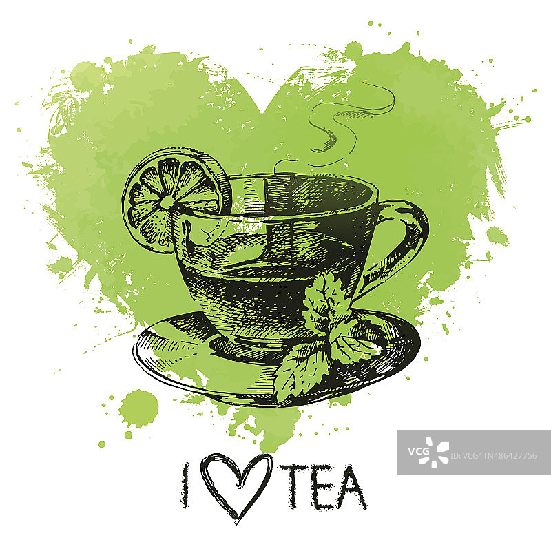茶水背景用水彩泼洒心和素描。图片素材