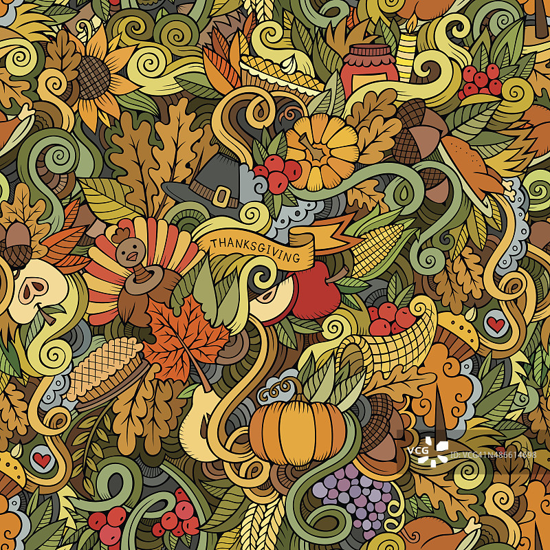 感恩节象征秋季，饮食图案无缝衔接。图片素材