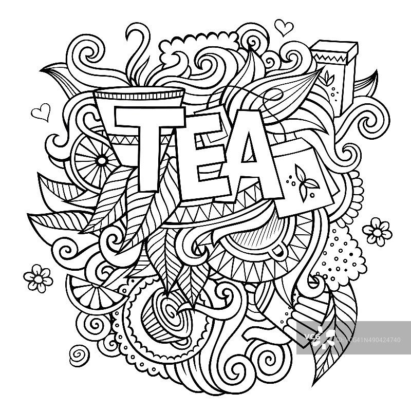 茶水手写体和涂鸦元素背景图片素材