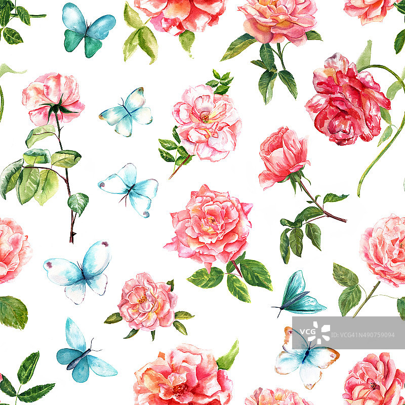 温柔的水彩玫瑰和蝴蝶无缝背景图案图片素材