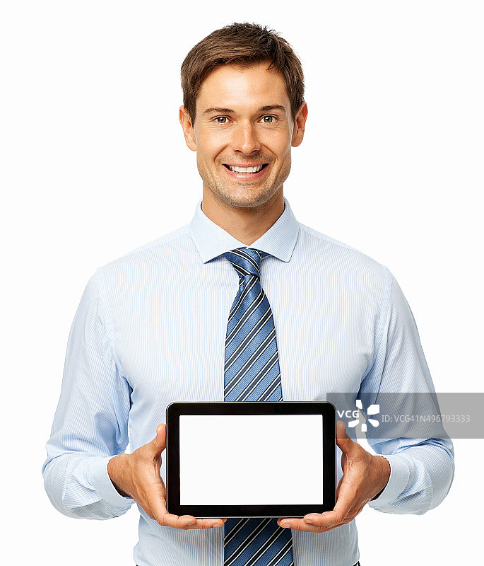 微笑的商人展示数码平板电脑图片素材