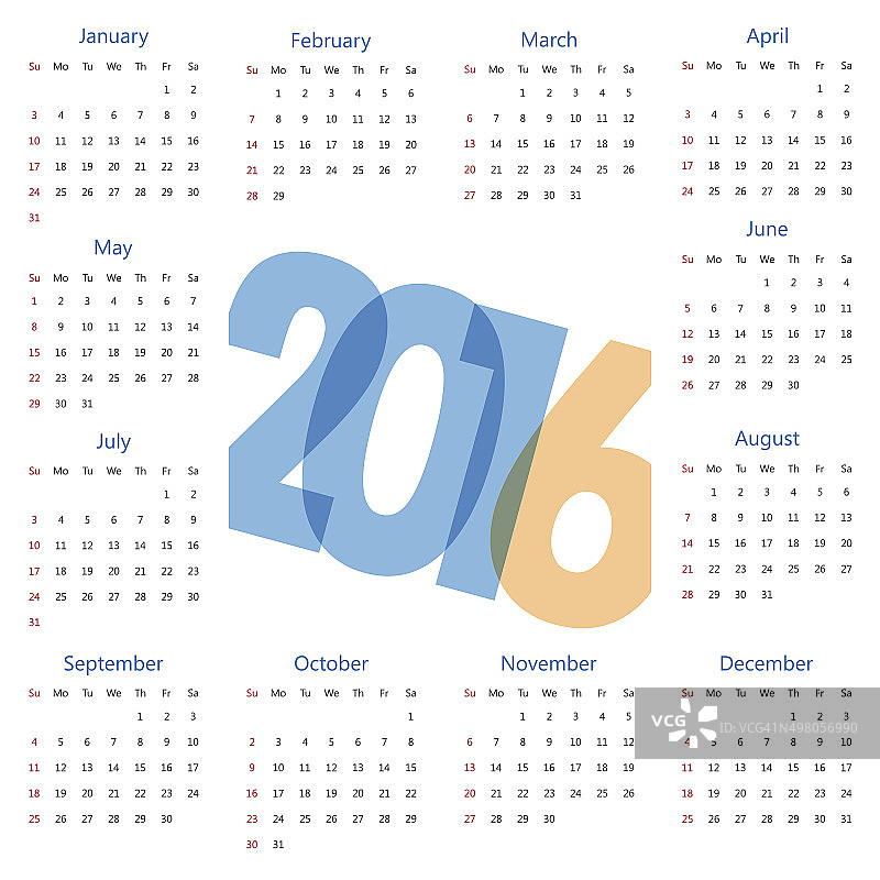 2016现代日历模板。矢量/插图。图片素材