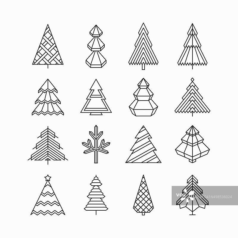 图形圣诞树集，时髦的线性风格图片素材