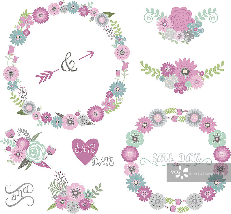 婚礼花艺Elements.Labels、丝带、心,箭头,鲜花,月桂花环。图片素材