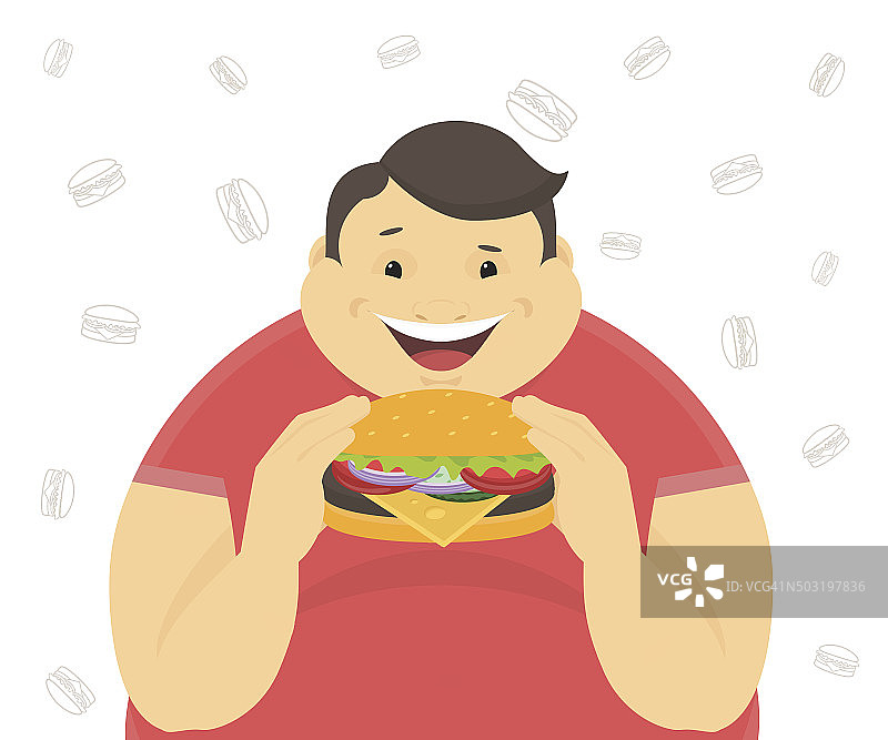 快乐的胖子吃着一个大汉堡图片素材