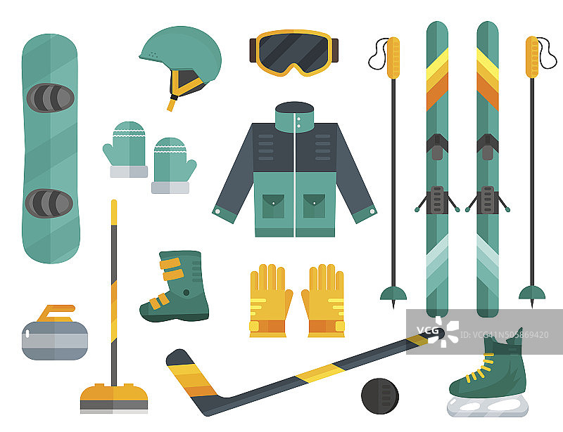 冬季运动成套设备:滑雪板，冰壶，溜冰鞋，头盔图片素材