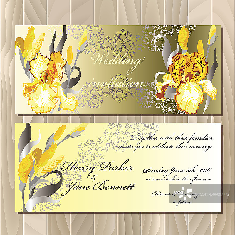 以黄色蝴蝶花为背景的结婚卡片。图片素材