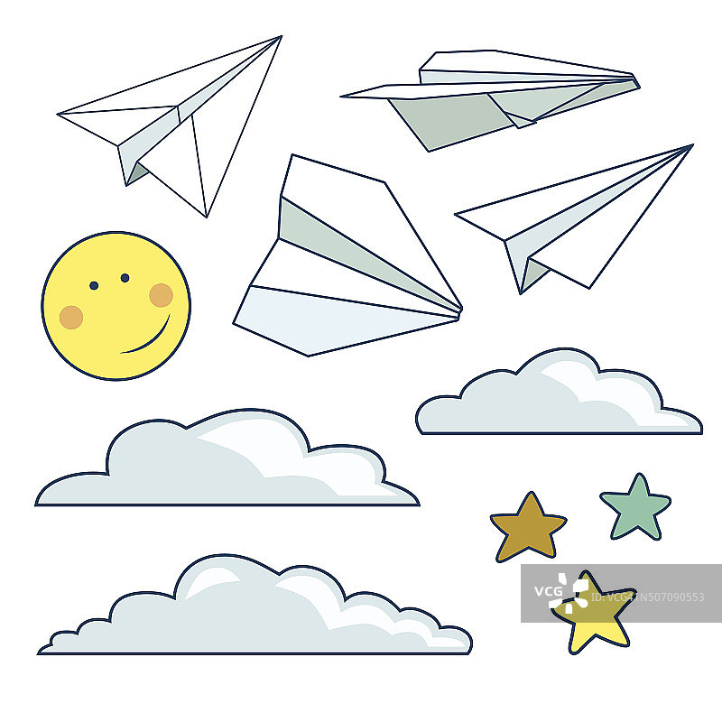 矢量集与孤立的纸飞机，星星，月亮，云图片素材
