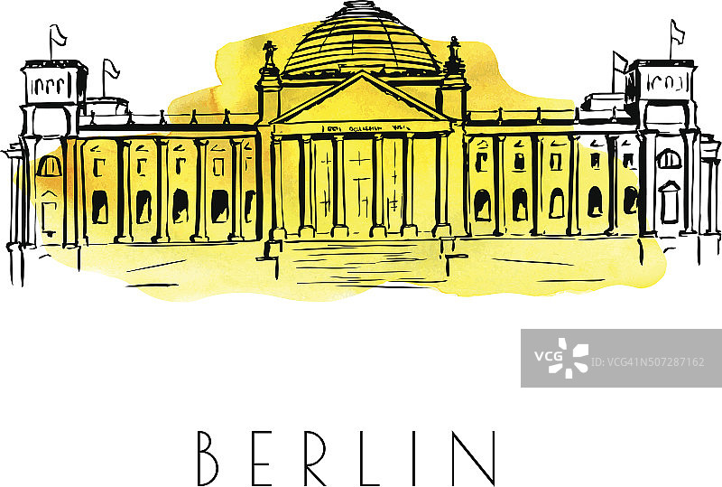 柏林地标的矢量素描与水彩染色图片素材