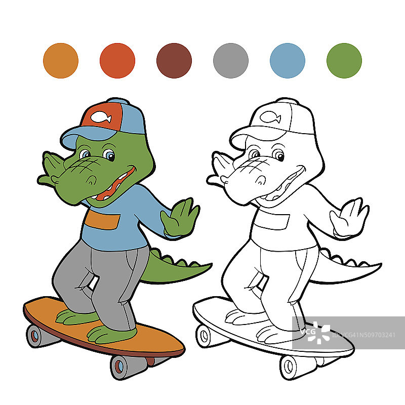 涂色书(滑板上的鳄鱼)图片素材