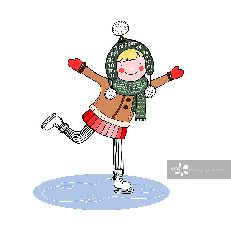 滑冰女孩，孤立的手绘矢量插图图片素材