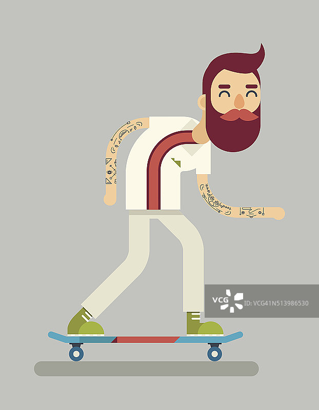 微笑的成年人极客滑板车快乐的嬉皮士人物骑滑板图片素材