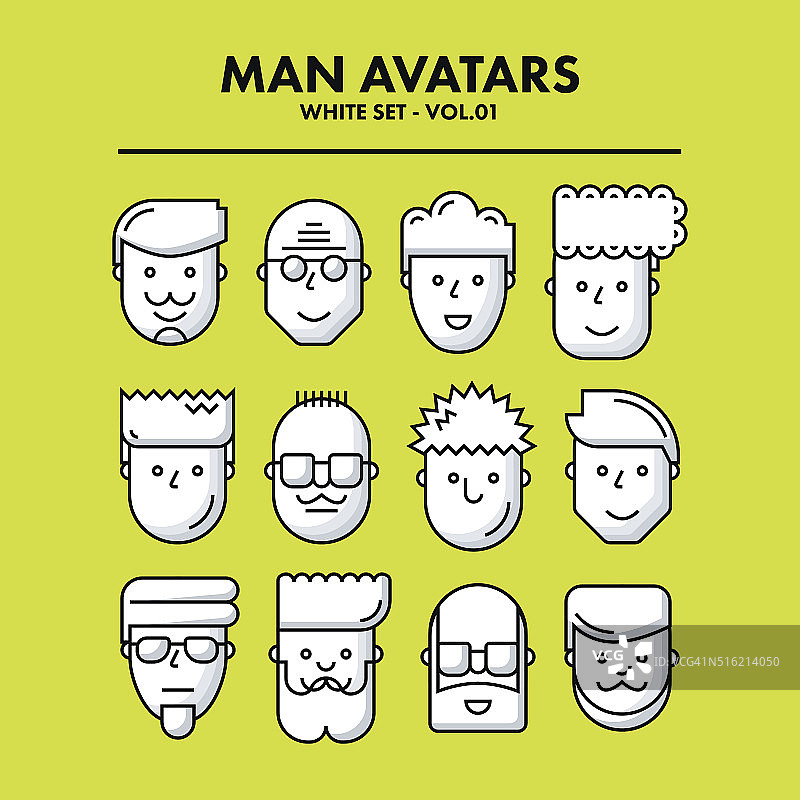 Thin Flat Line Man Avatars Icons - White Set 01。图片素材