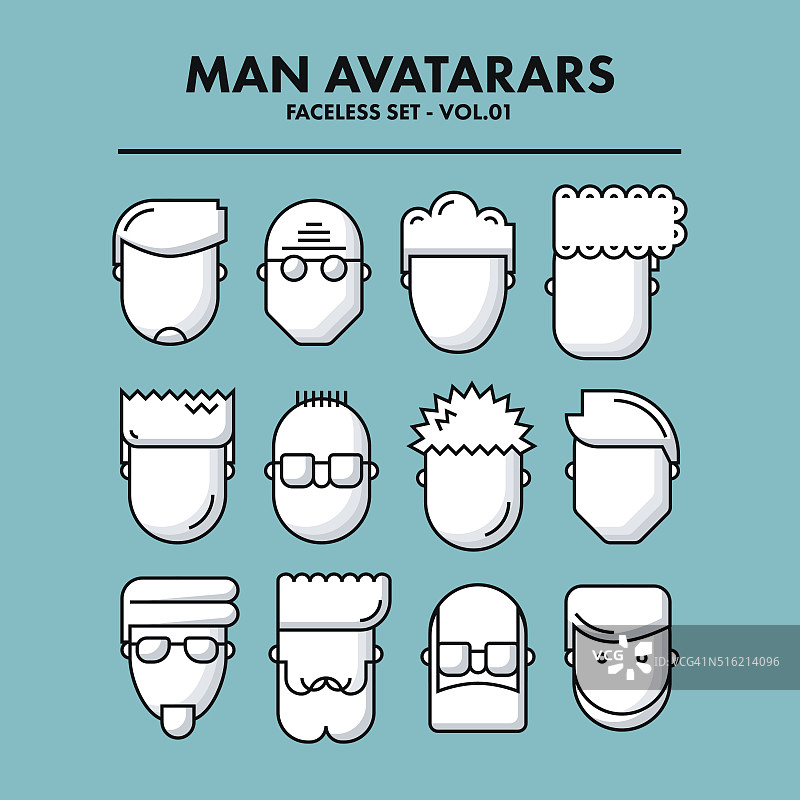 Thin Flat Line Man Avatars Icons - Faceless Set 01。图片素材