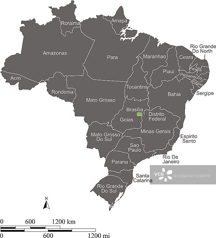 巴西地图矢量轮廓与比例尺和州或省图片素材