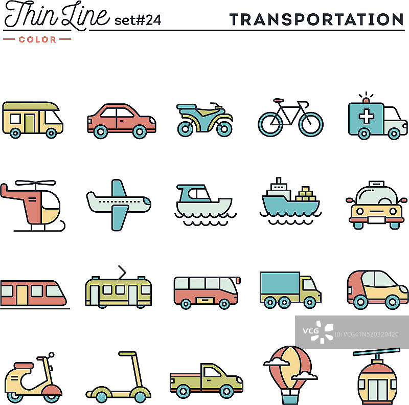 交通和车辆，细线颜色图标设置图片素材
