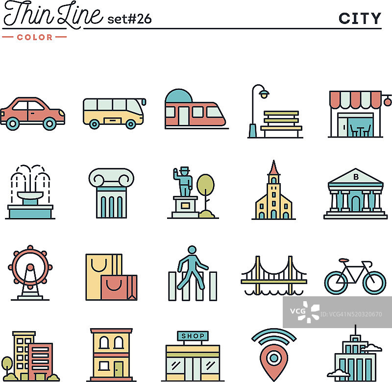 城市，交通，文化，购物等等，细线颜色图标图片素材