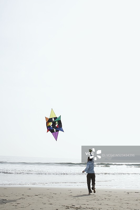 在海滩上放风筝的人图片素材