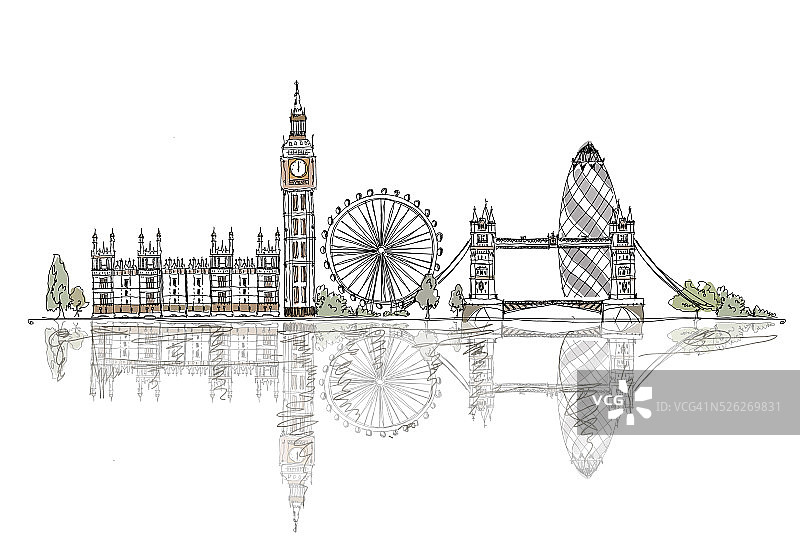 伦敦，大本钟，塔桥。著名建筑速写集图片素材