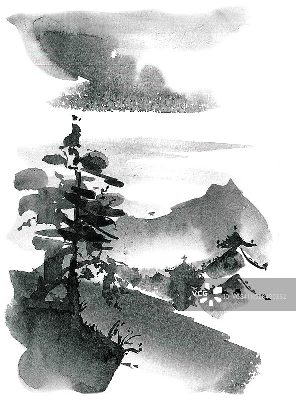 中国山水松树和宝塔图片素材