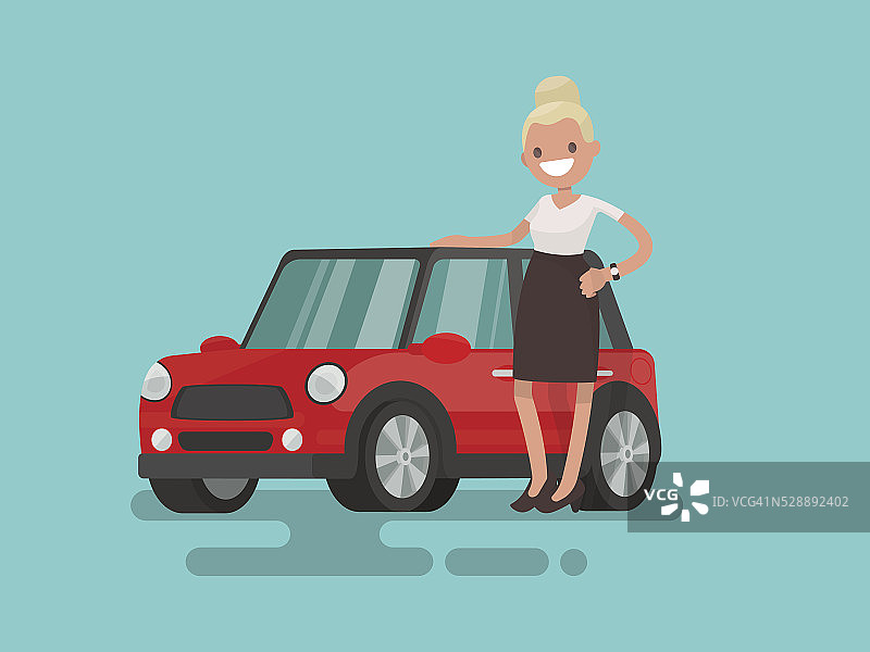 女孩旁边的一辆红色小车。矢量图图片素材