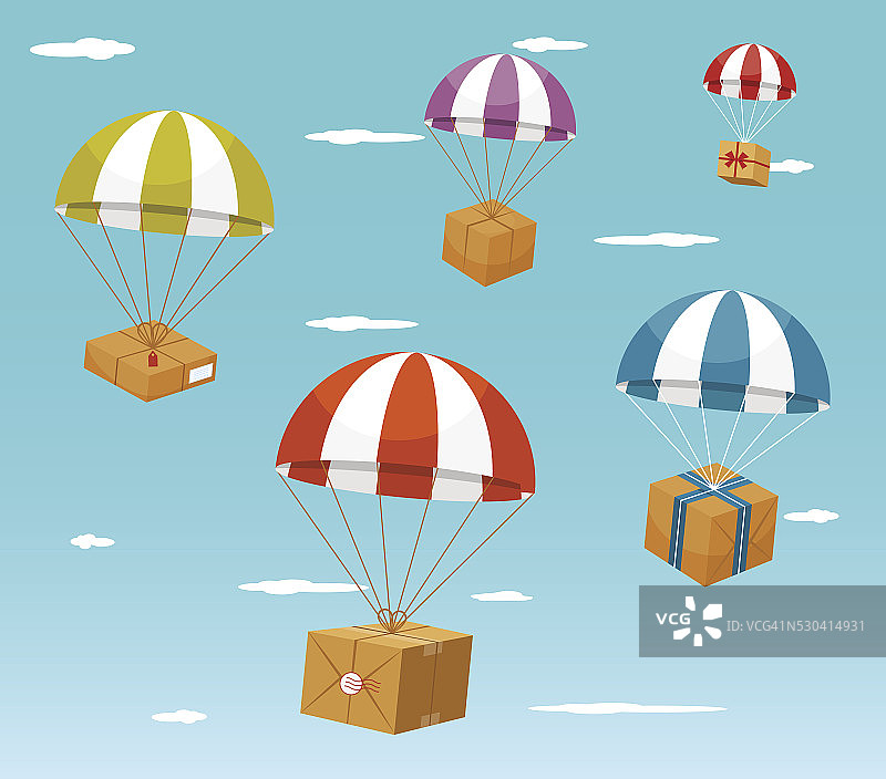递送概念-降落伞上的礼盒图片素材