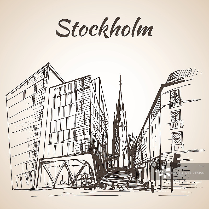 斯德哥尔摩城市车站-手绘插图。图片素材