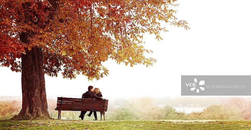 一对年轻的情侣在长凳上接吻在巨大的栗子下。图片素材