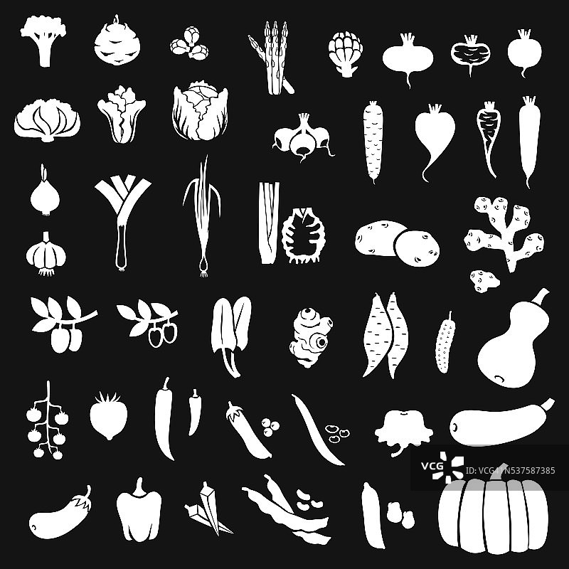 蔬菜的白色轮廓设置在黑色的背景图片素材