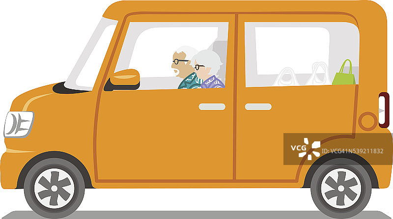 老年夫妇骑着橙色车，侧视图-孤立图片素材