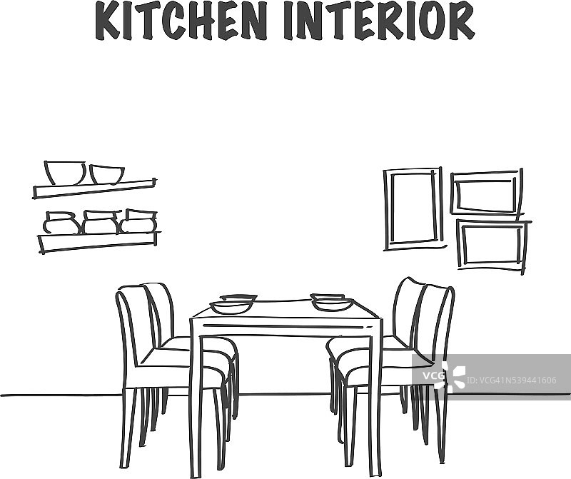 厨房内部草图与餐桌图片素材