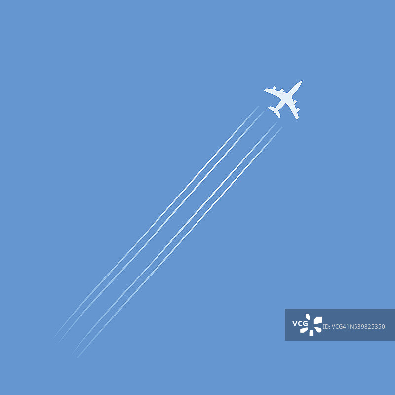 飞行飞机的剪影孤立在蓝天和痕迹图片素材