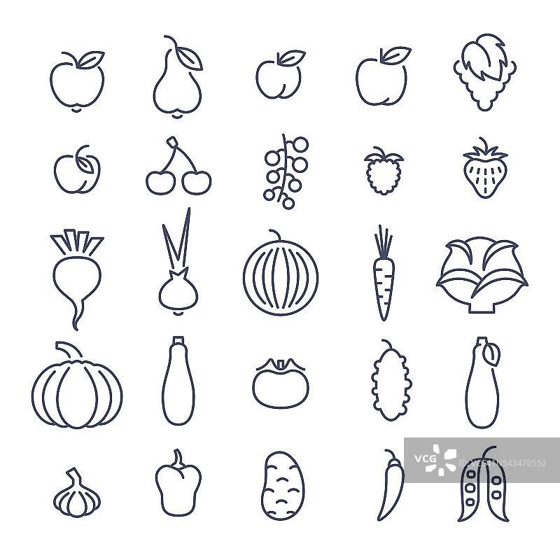 农场水果和蔬菜的直线矢量图标设置图片素材