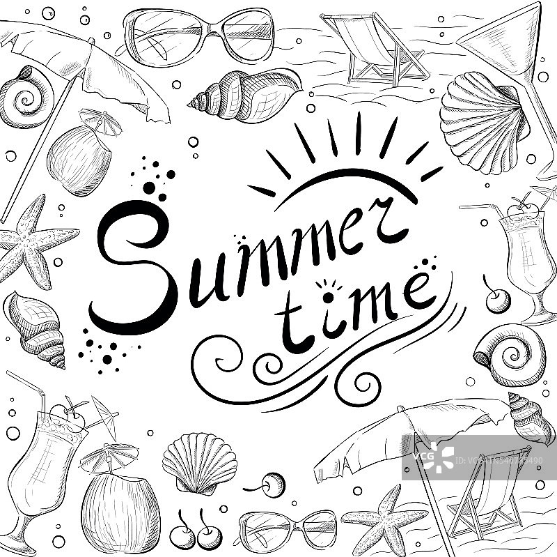 手绘夏季时间图标集。旅行收集。夏天的时间图片素材
