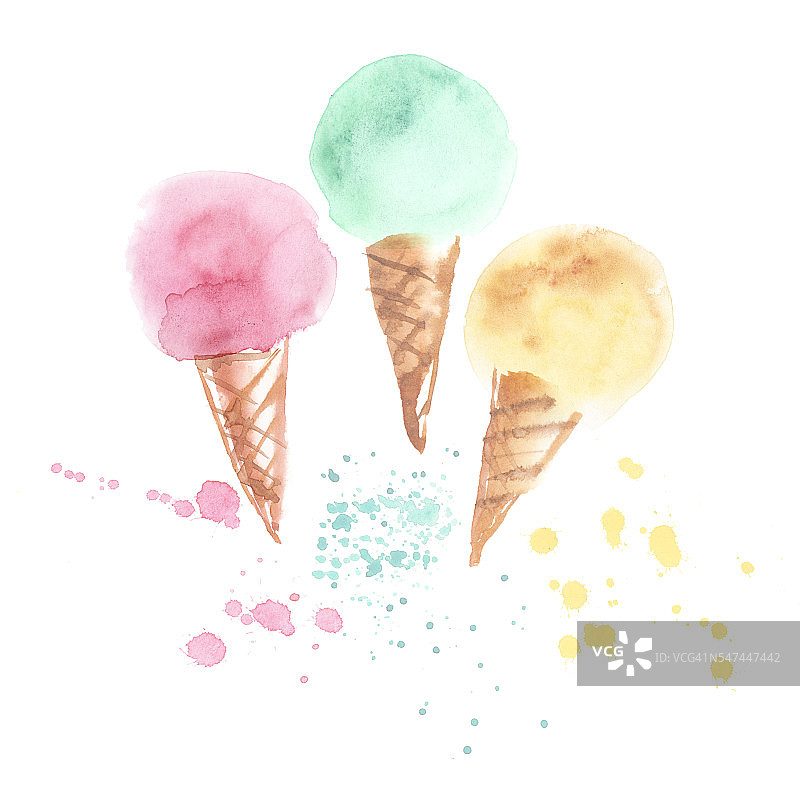 三个淡色冰淇淋蛋筒插图。水彩艺术作品图片素材