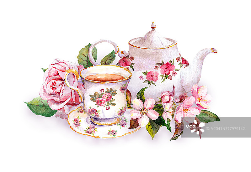 茶杯，茶壶，粉红色的花——玫瑰和樱花图片素材