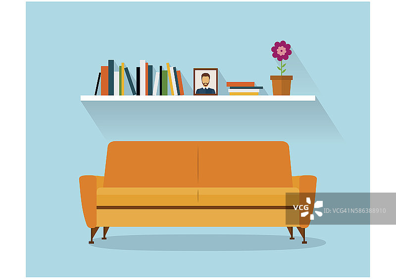 现代设计的室内橙色沙发和书架。复古的平面风格。图片素材